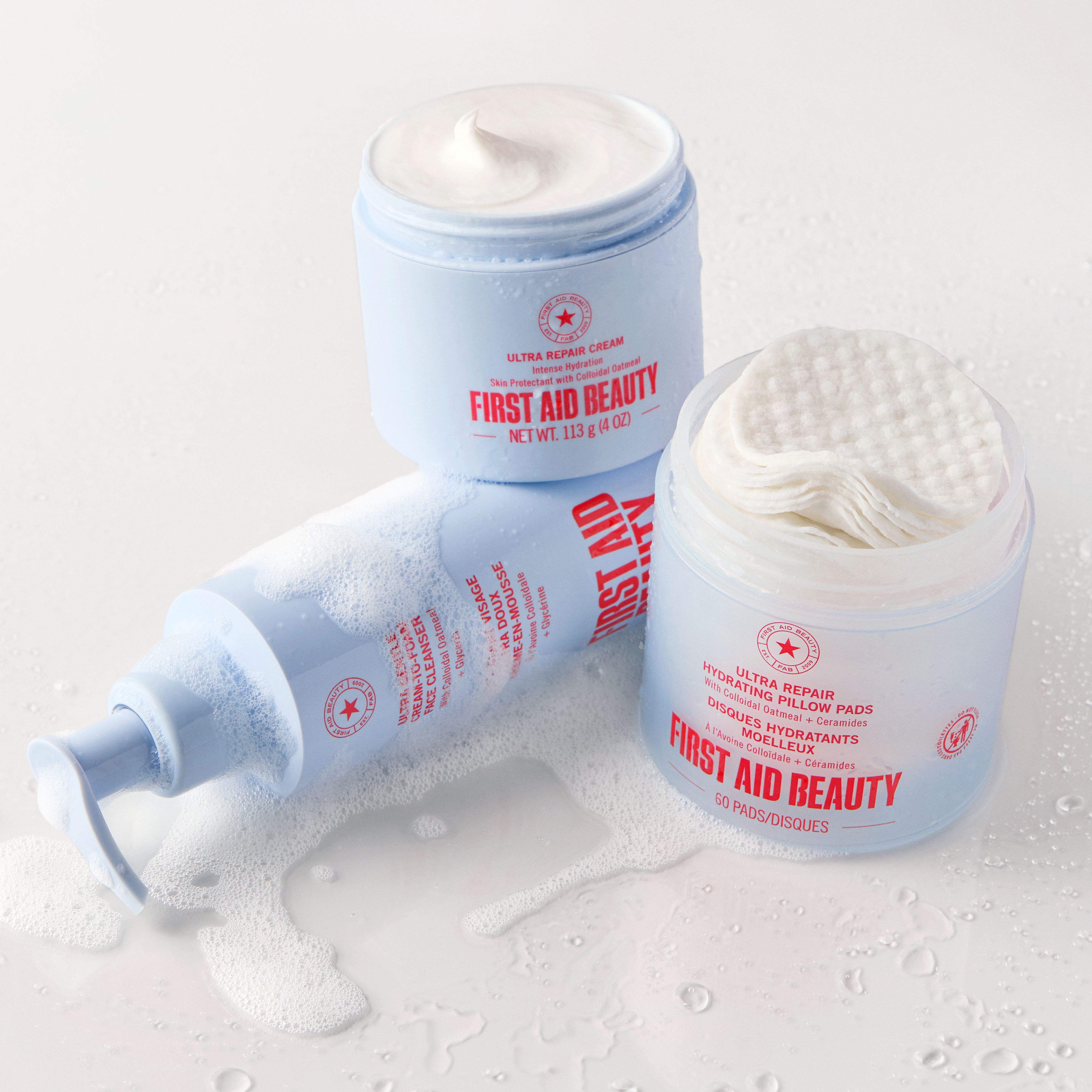 First Aid Beauty's new Ultra Repair baby-blue packaging.
