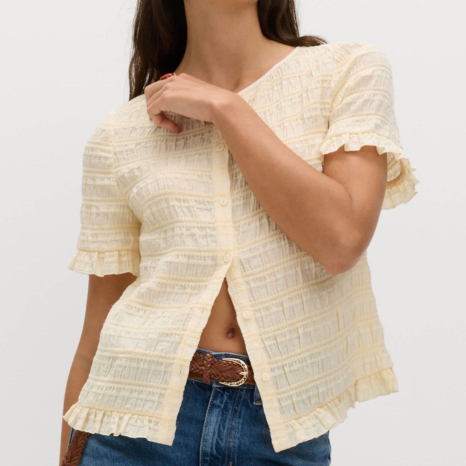 Collarless Shirred Button Through Top
