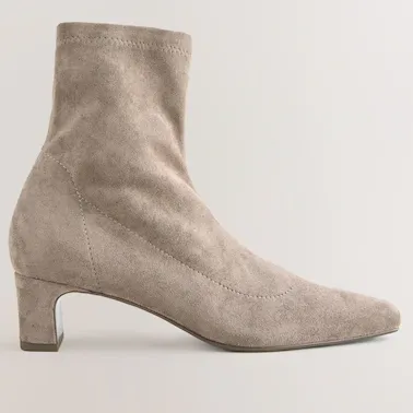 Next Neutral Taupe Chisel Toe Block Heel Sock Boots