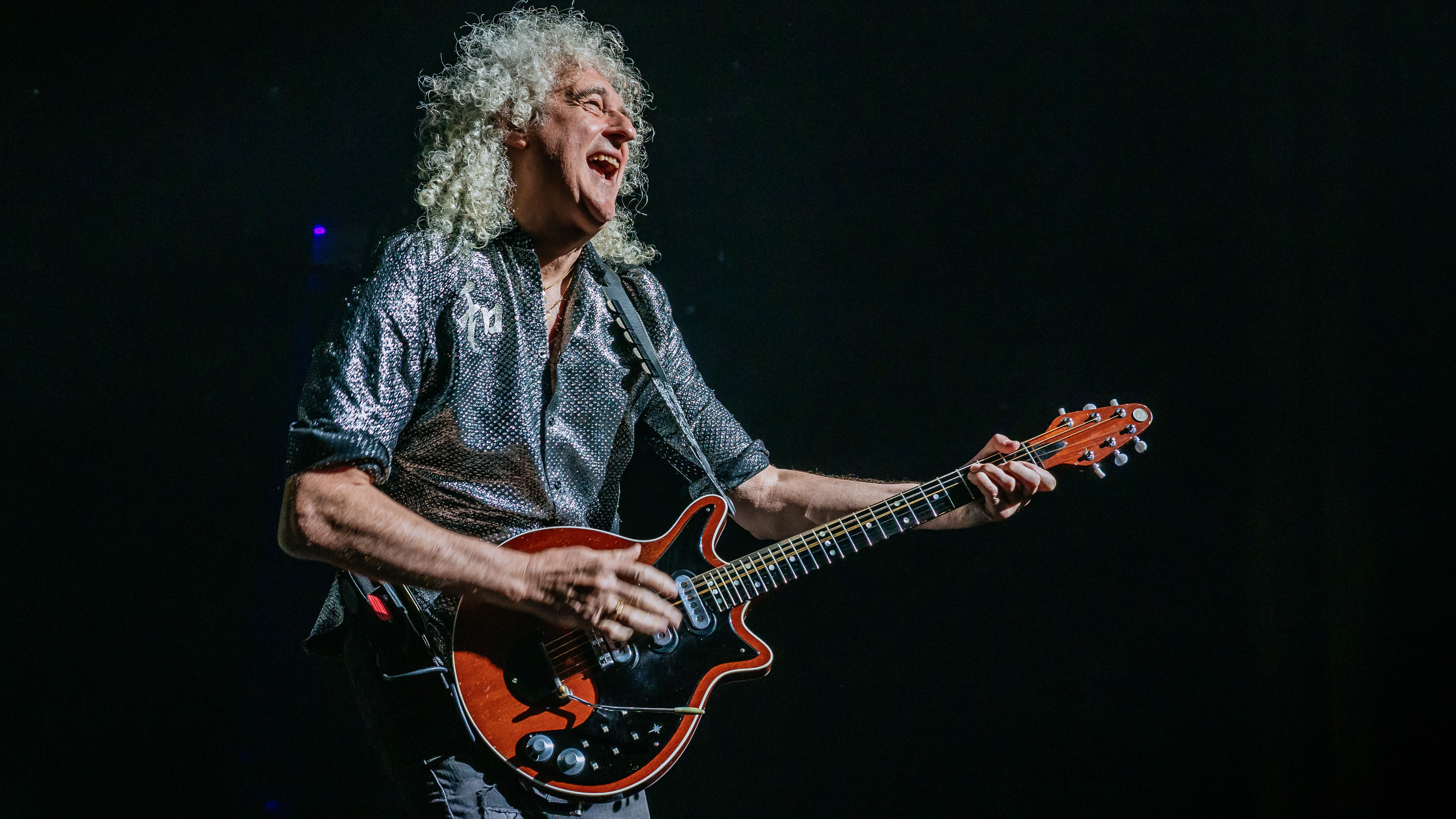 STUTTGART, GERMANY - OCTOBER 17: Guitarist Brian May of Queen performs at the We Will Rock You; musical premiere at Stage Palladium Theater on October 17, 2025 in Stuttgart, Germany. (Photo by Thomas Niedermueller/Getty Images)