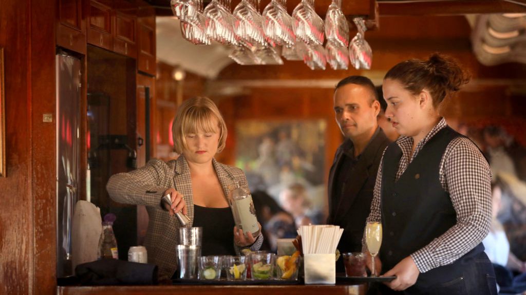 Food and beverage managers Bethany, Stewart Mulky as they serve and prepare drinks on the Napa Valley Wine Train seen on Friday, Aug. 30, 2019 in Napa, California.