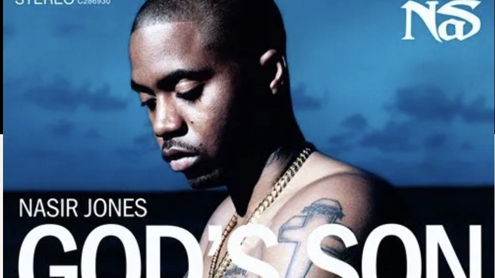 Nas, on blue background, with 'GOD'S SON' written in white caps along the bottom of the image