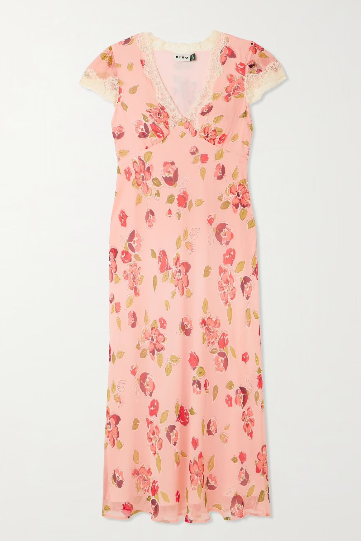 Rixo Clarice Lace-Trimmed Appliqu&eacute;d Floral-Print Georgette Midi Dress