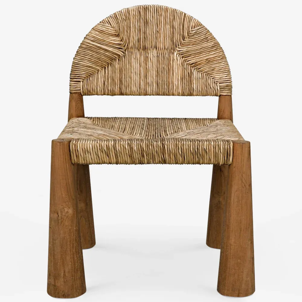 Teak accent chair with a woven seagrass seat and curved backrest, featuring sculptural legs and a compact, space-saving design.