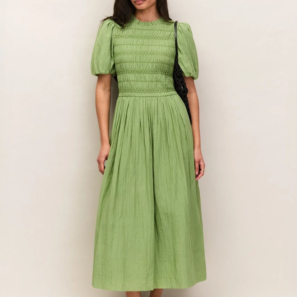 Green Cotton Shirred Bodice Dress