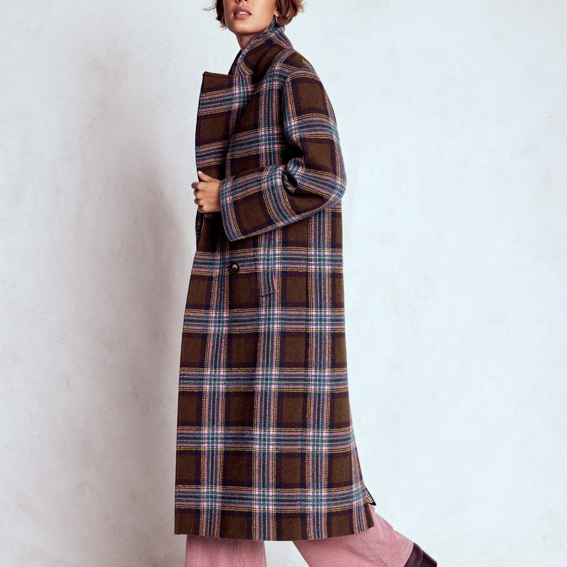 Cocoon Wool Coat-Brown, Teal and Pink Check