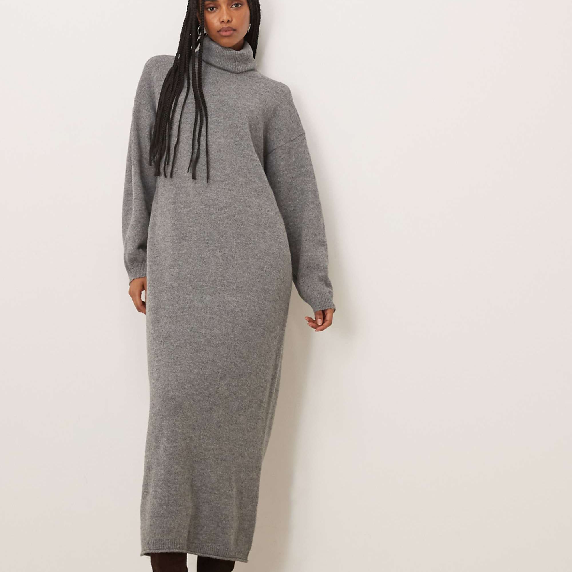 Vila Roll Neck Knitted Midi Dress in Medium Grey Melange