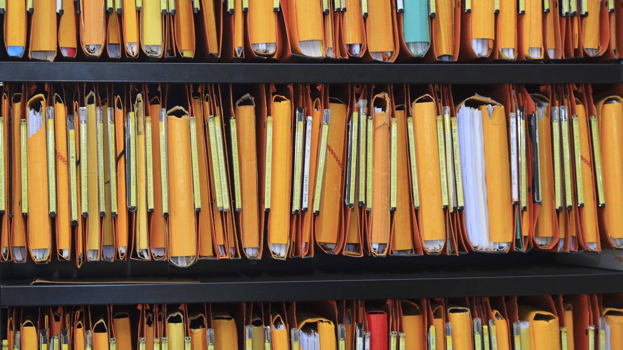 Shelves filled with paper files.