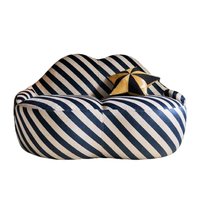 striped blue and cream lips shaped sofa on white background