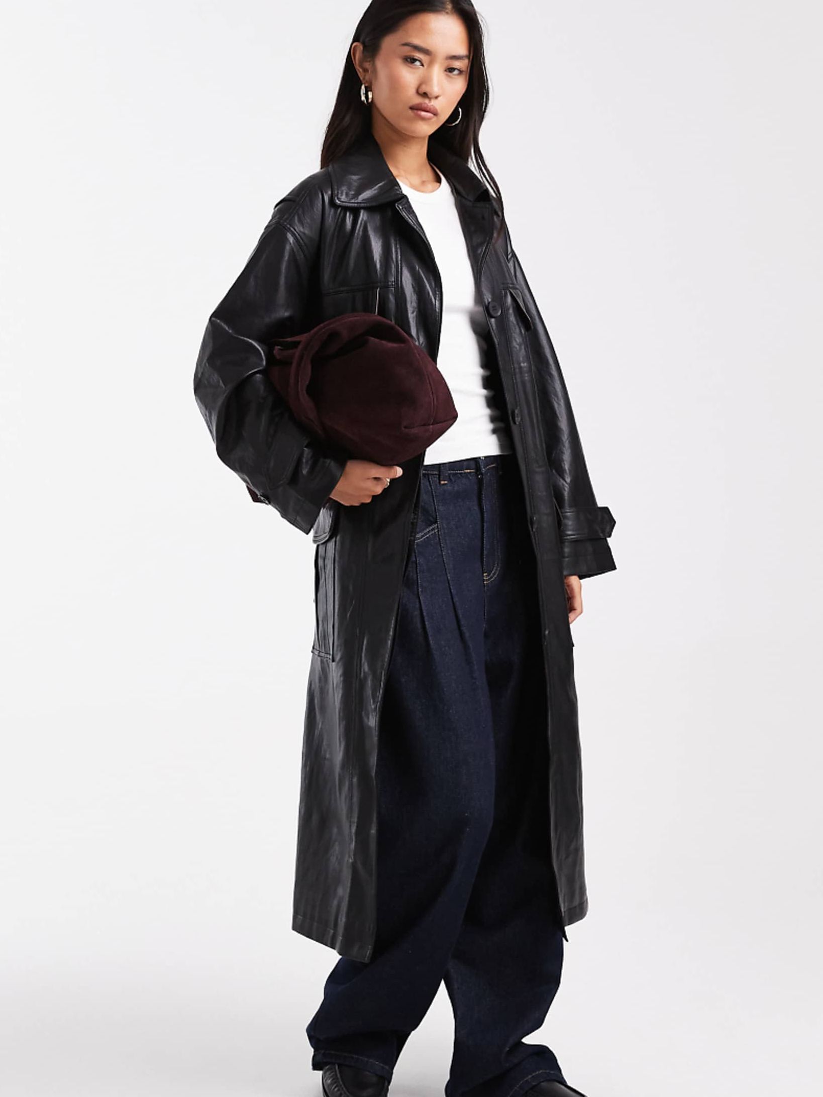 Asos Design Longline Leather Look Trench Coat With Contrast Pockets in Black