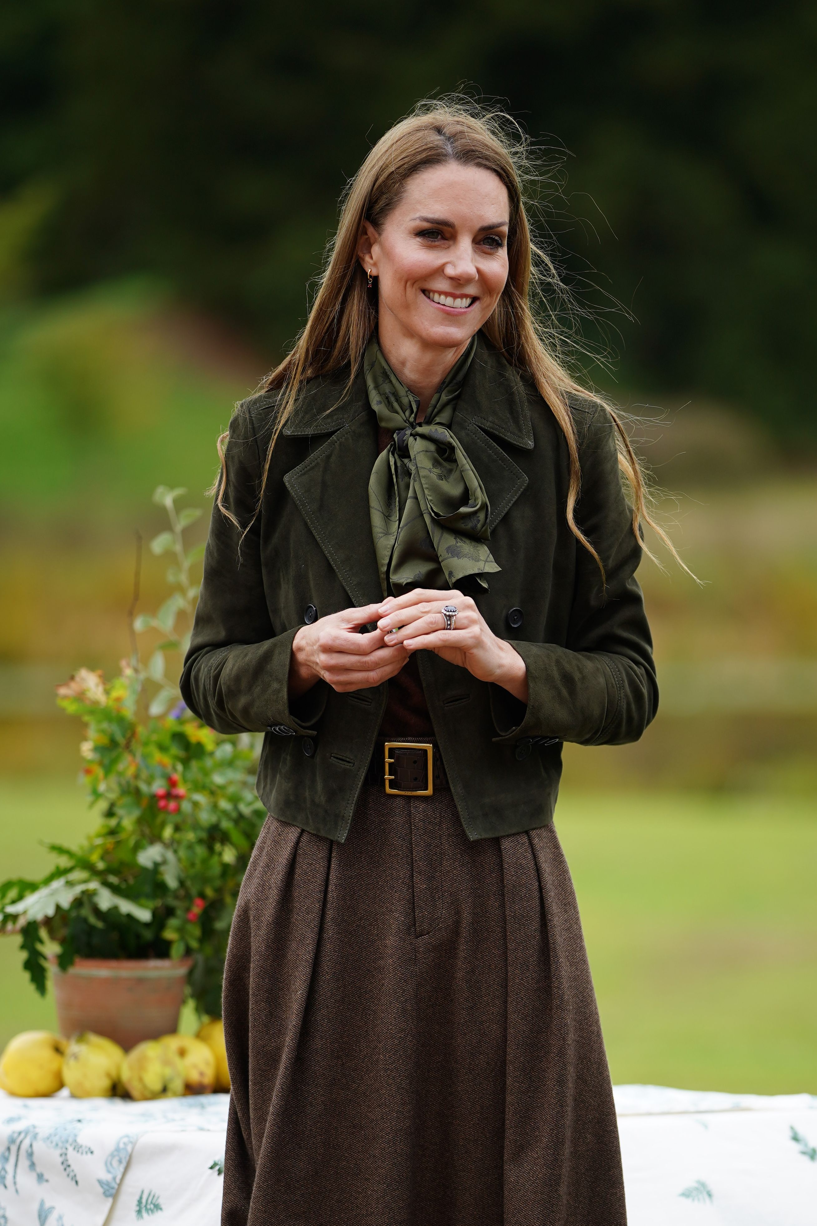Catherine, Princess of Wales presents badges as she meets members of the Scouts and Squirrels programme in Frogmore Gardens during the State visit by the President of the United States of America and U.S. First Lady Melania Trump, on September 18, 2025 in Windsor, England.