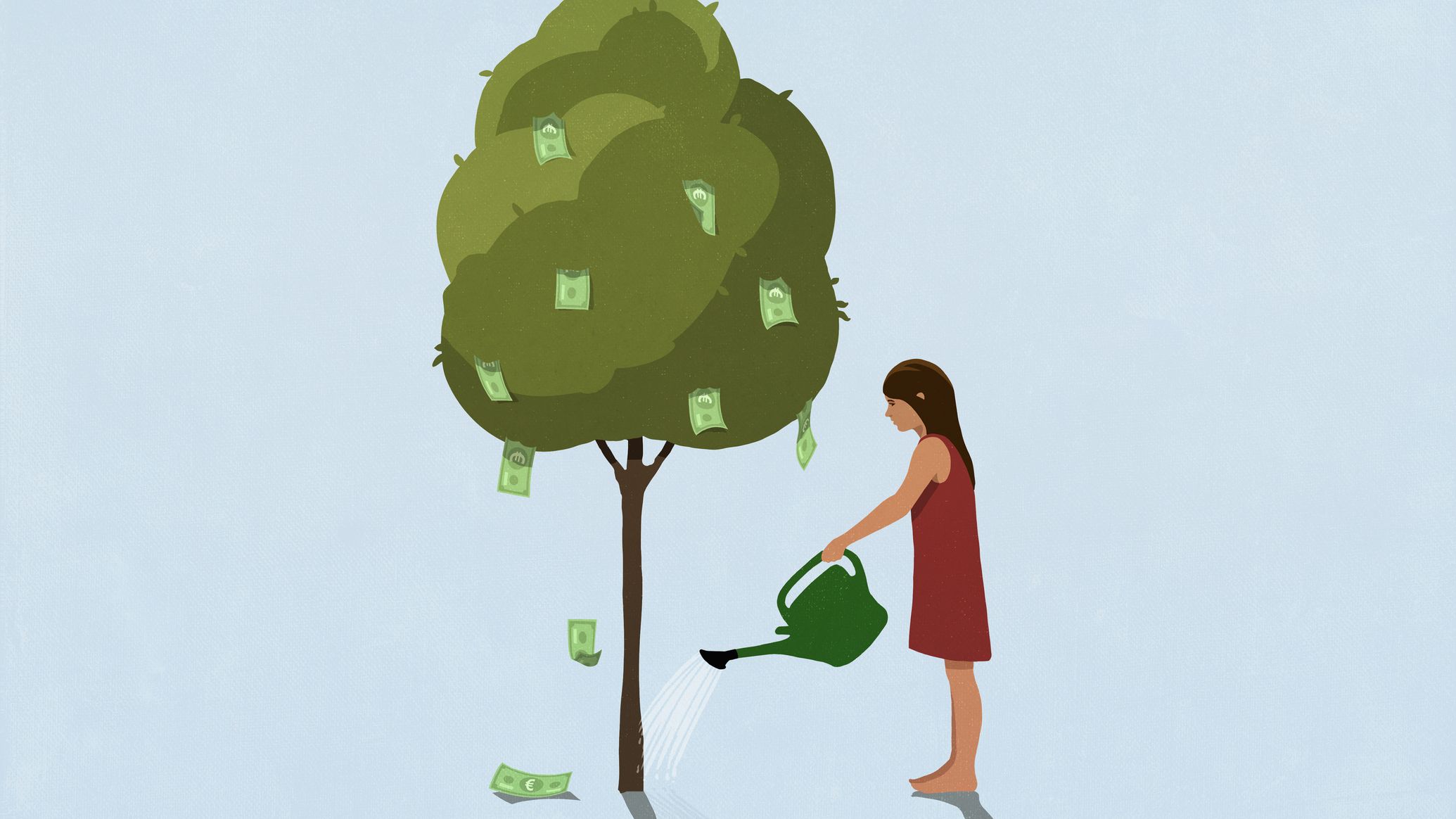 a woman watering her money tree