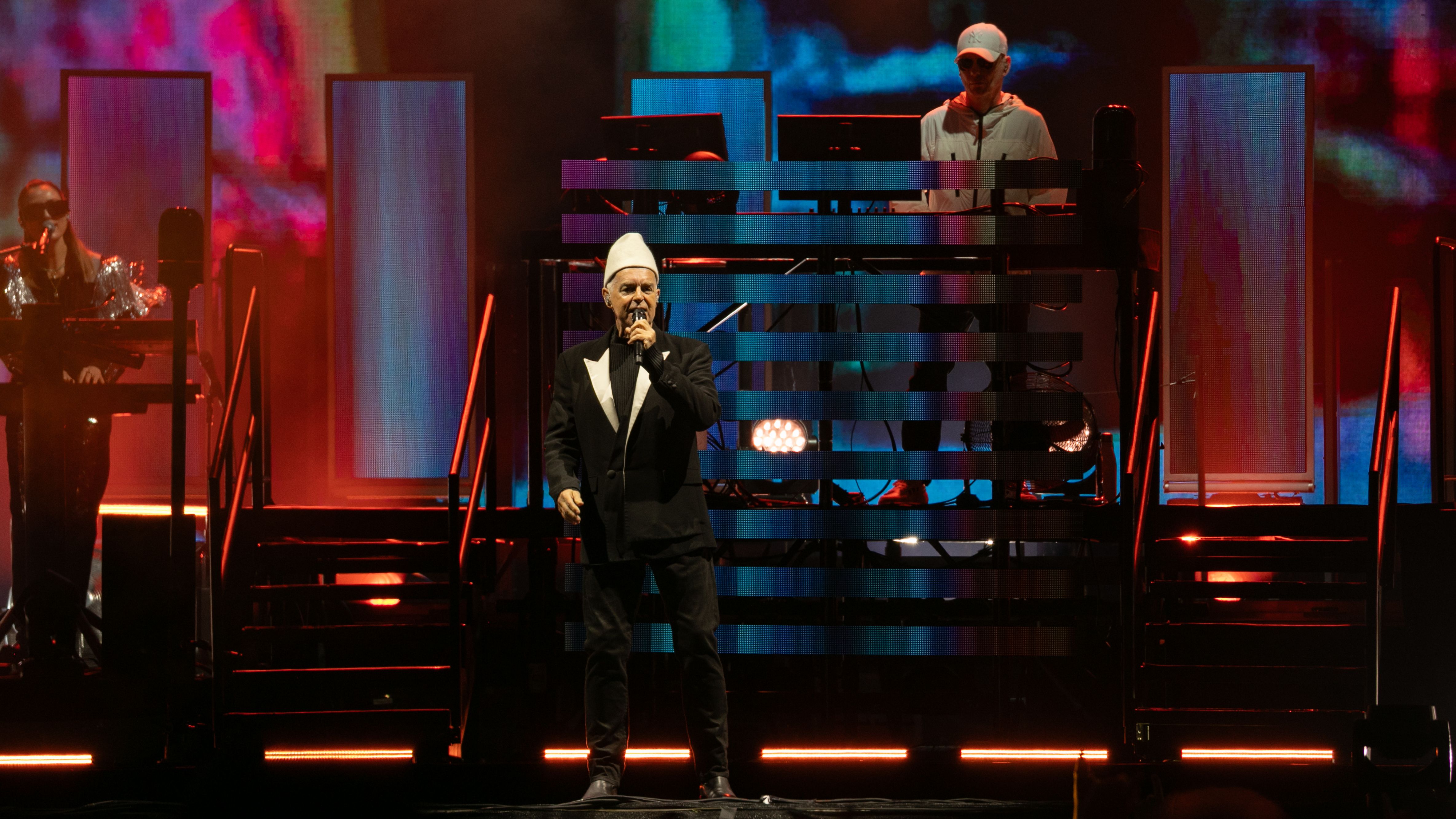 CARDIFF, WALES - JULY 31: Neil Tennant and Chris Lowe of Pet Shop Boys performs onstage during a concert at Cardiff Castle on July 31, 2025 in Cardiff, Wales. (Photo by Maxine Howells/Getty Images)