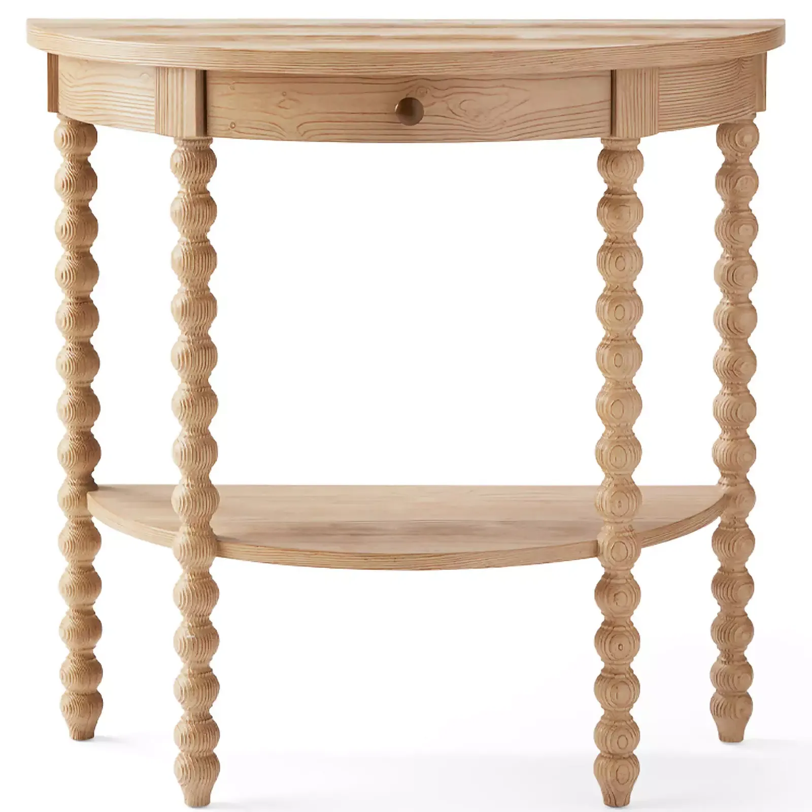 Sun-bleached pine demi-lune console table with turned bobbin legs, a single drawer, and a lower curved shelf, ideal for narrow hallways or small spaces.