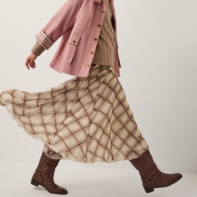 Chelsea Check Print Midi Skirt Natural