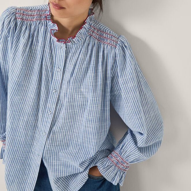 Maeve Ruffle Stripe Shirt Blue