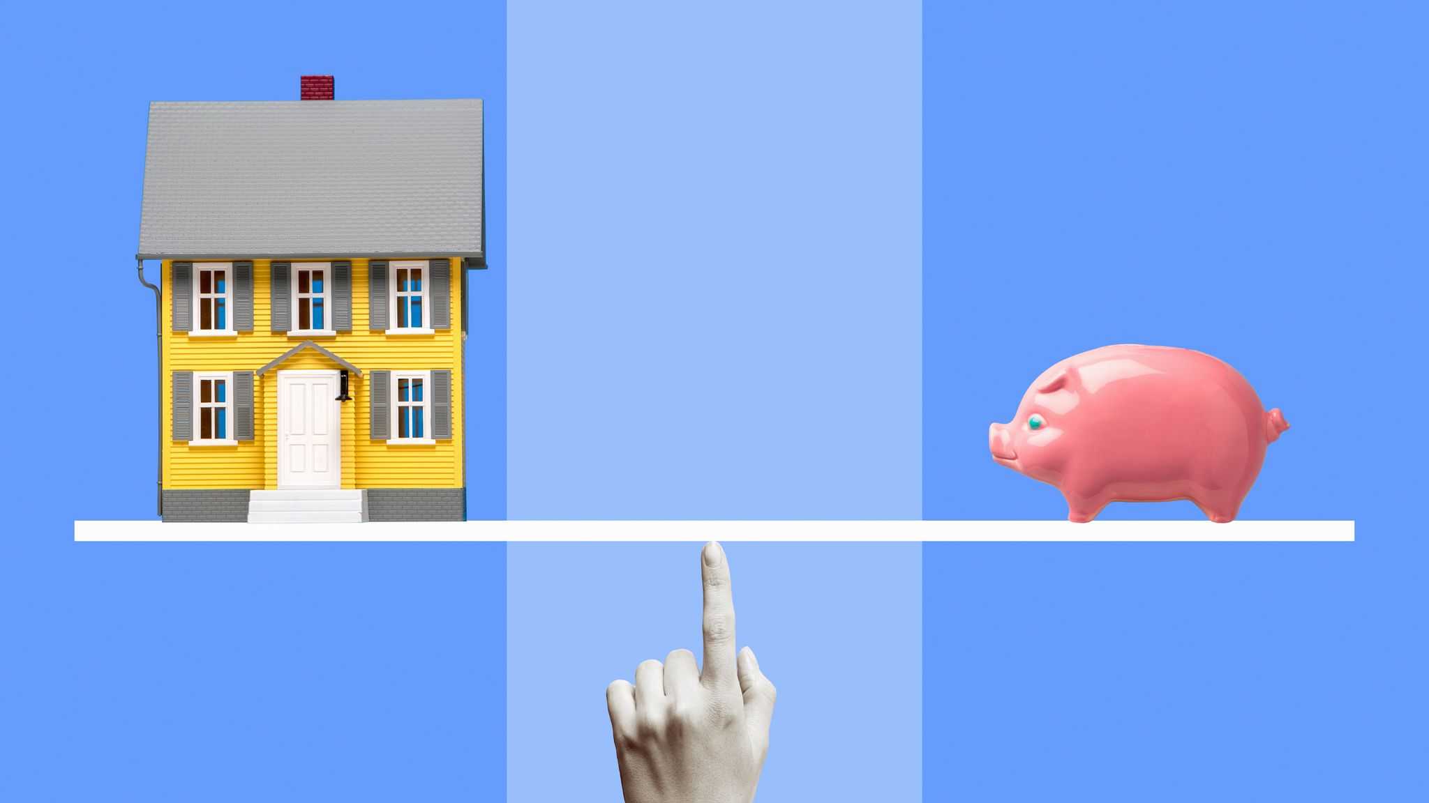 Yellow miniature model house and pink ceramic piggy bank on white line balanced on black and white finger