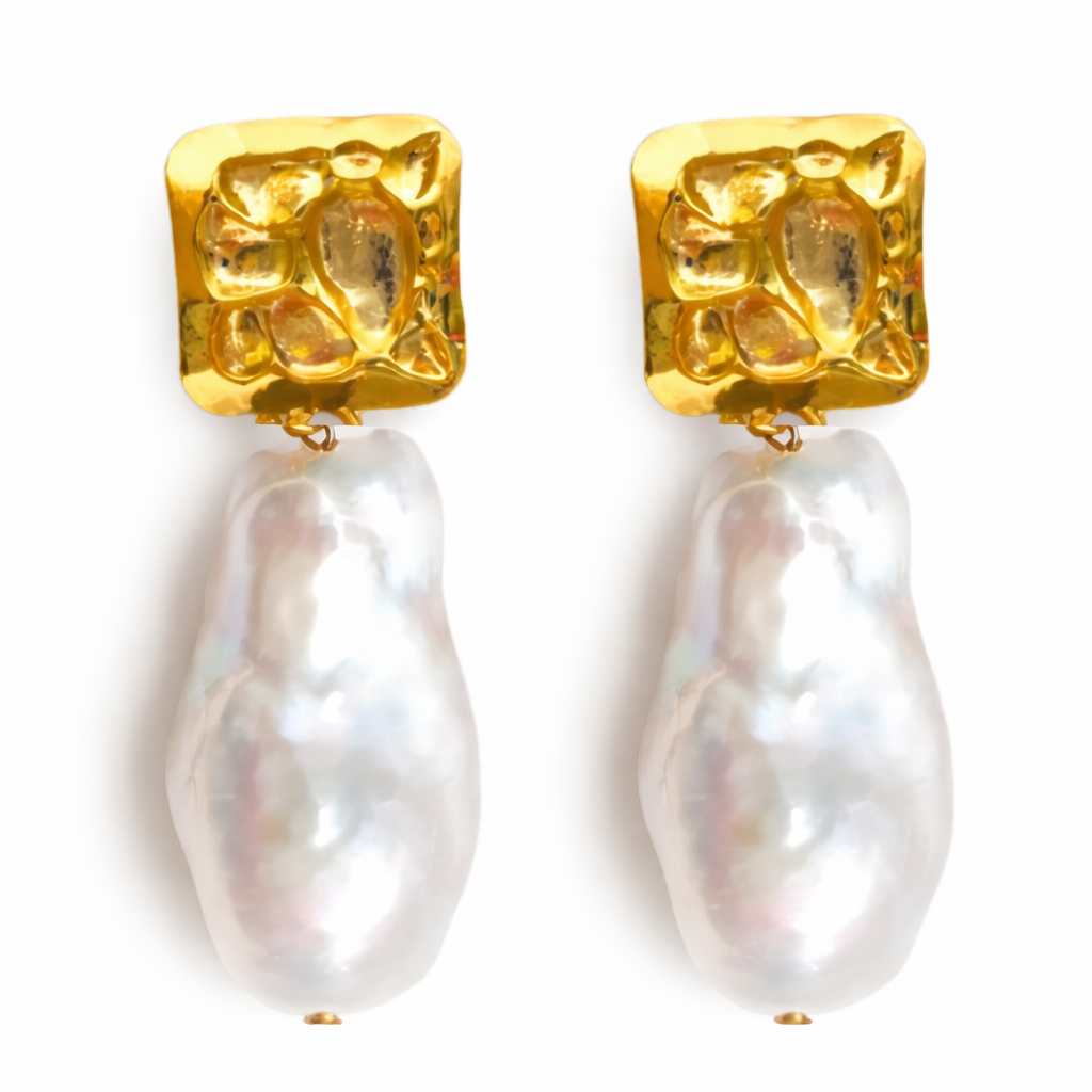 Cassis Collection - Large Baroque Brass Studs With Baroque Pearls