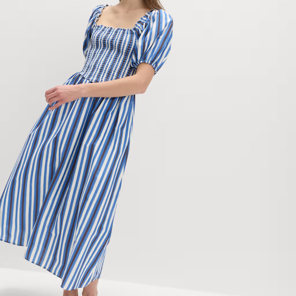 M&amp;amp;S, Pure Cotton Striped Shirred Midi Dress
