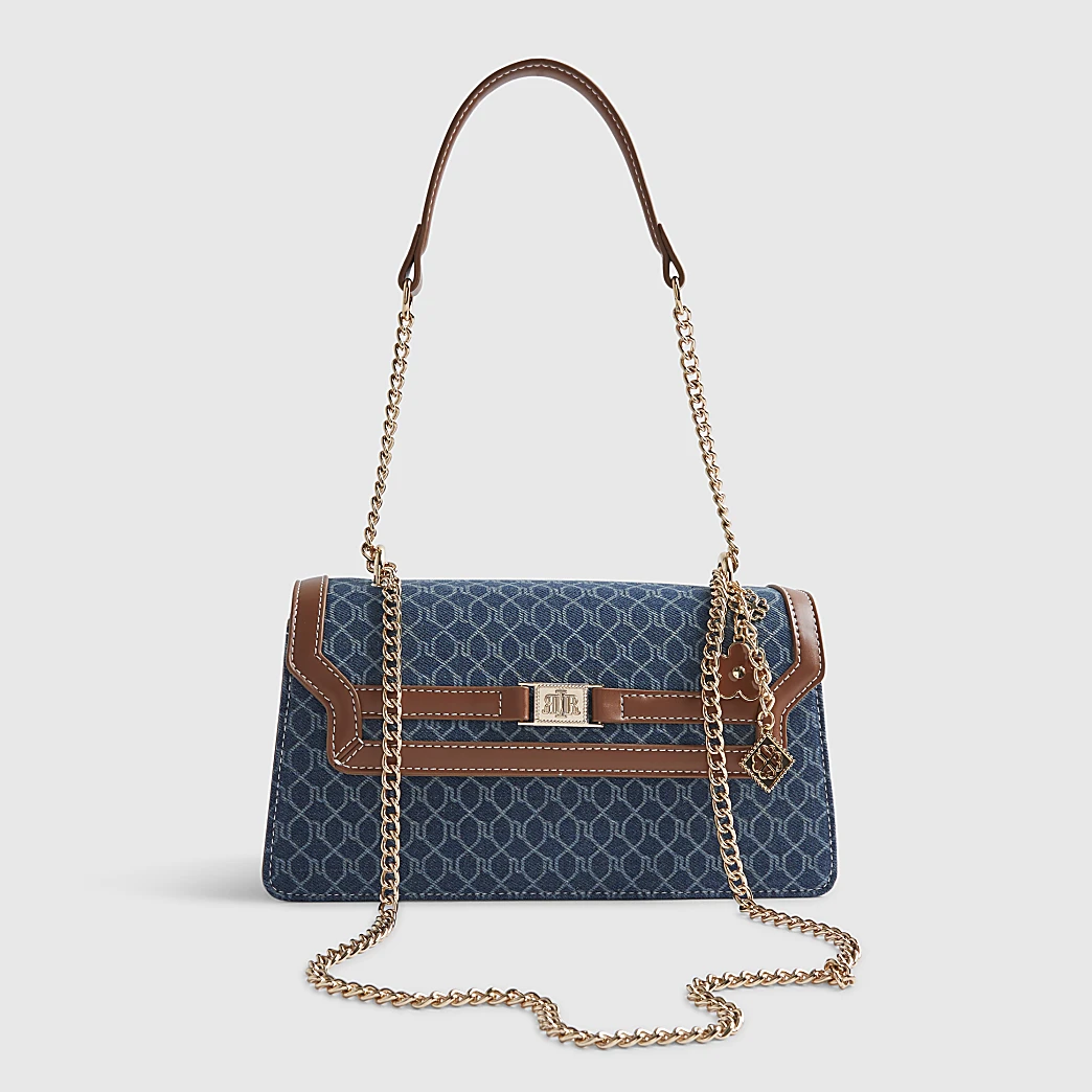 River Island, Blue Denim Monogram Print Shoulder Bag