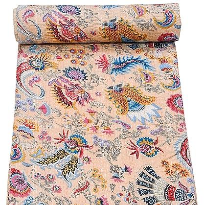 Marubhumi Indian Hand Stitched Pure Cotton Mukut Print Kantha Quilt Kantha Blanket (skin Cream, Twin (60"x 90"))