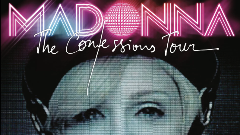 A screen-grab from Madonna's The Confessions Tour album, with her name in neon pink and Madonna's face in monochrome beneath