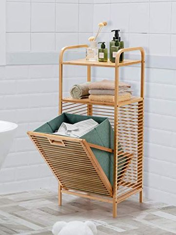 Costway Bamboo Laundry Basket, Bathroom Shelf Laundry Hamper With Removable Pull-Out Bag and Storage Shelf, Floor Washing Dirty Clothes Basket Organiser Unit, 40x33x95/160cm (2-Tier Shelves)