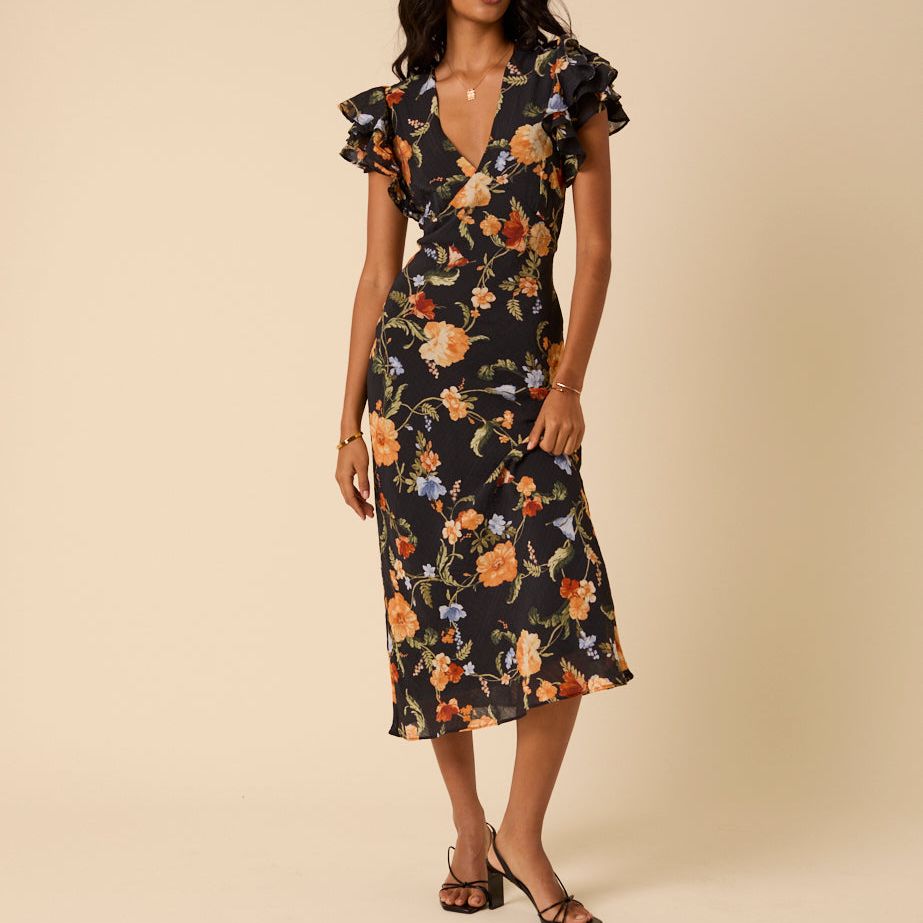Black Floral Frill Sleeve Layla Midi Dress