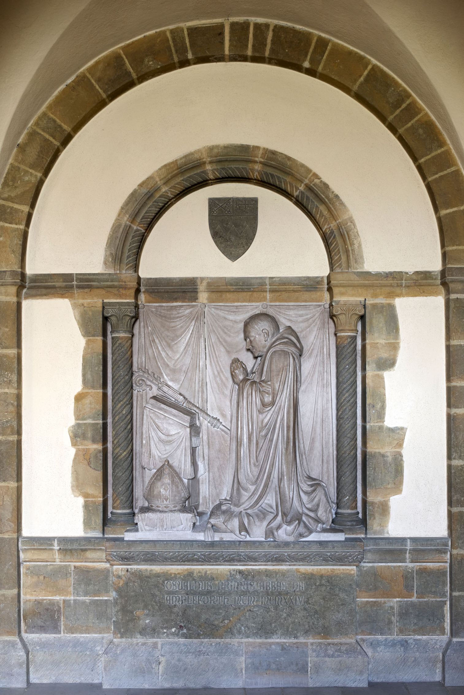 Abbot's tomb in crypt corridor at Ampleforth Abbey in North Yorkshire