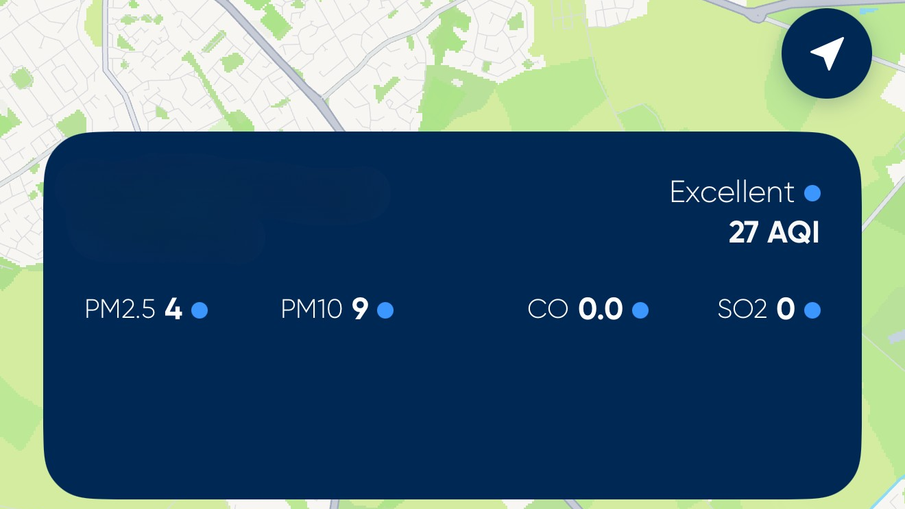 Blueair Mini Restful app displaying a map of Aylesbury with local air quality readings, AQI score and pollutant levels