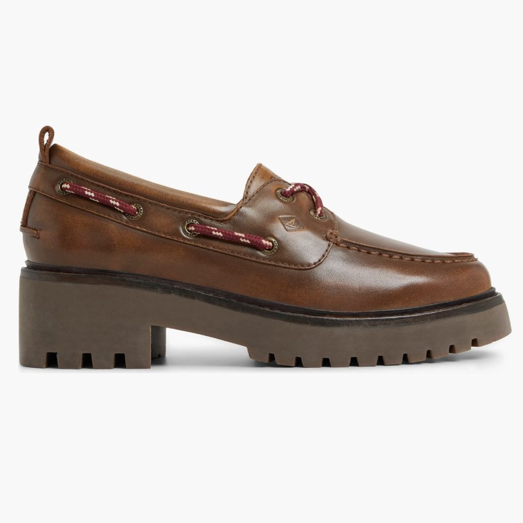 brown sperry lug-soled boat shoes