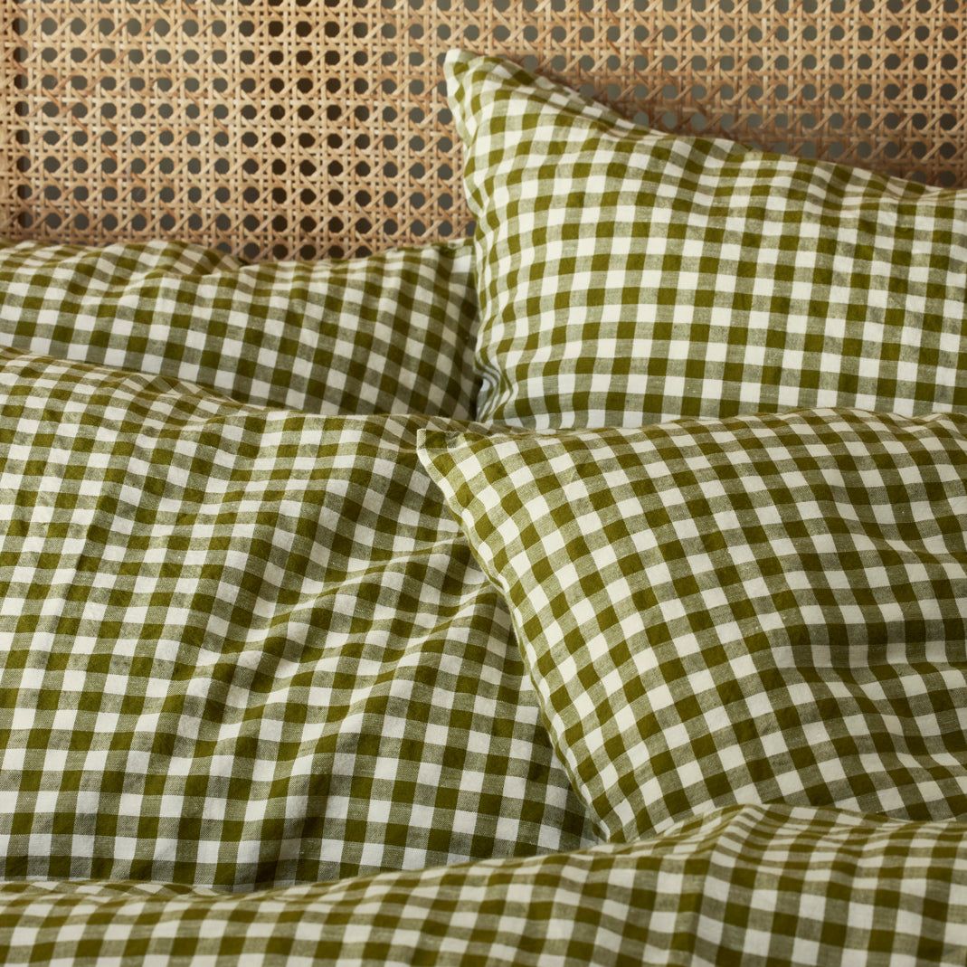 Botanical Green Gingham Linen Blend Pillowcases (pair)