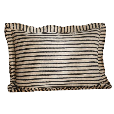 Black and white striped throw cushion on white background
