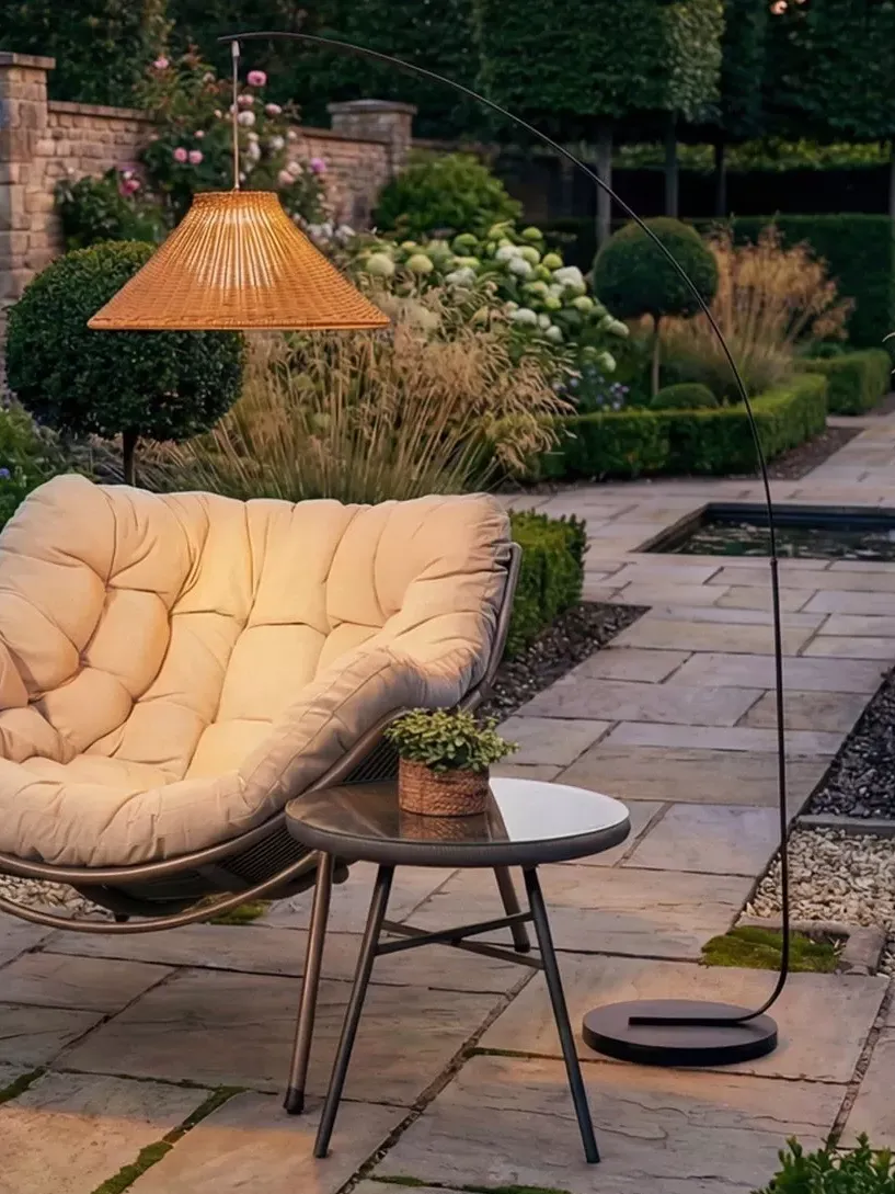Lg Outdoor Bellagio Woven Rattan Rechargeable Garden Floor Lamp, 1.75m, Sesame