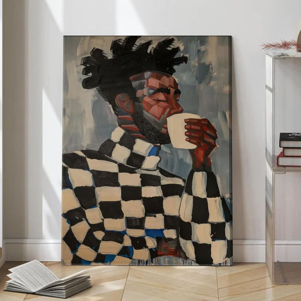 Latitude Run&amp;reg; African American Canvas Wall Art Black and Whint People Abstract Painting Pictures Wall Decor Fashion Modern Black Man Drinking Coffee Poster Prints for Kitchen Bedroom Scene Home Decoration | Wayfair