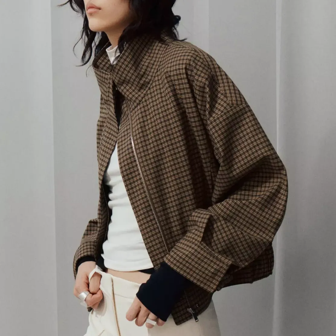 Checked Jacket With Funnel Neck - Women | Mango United Kingdom