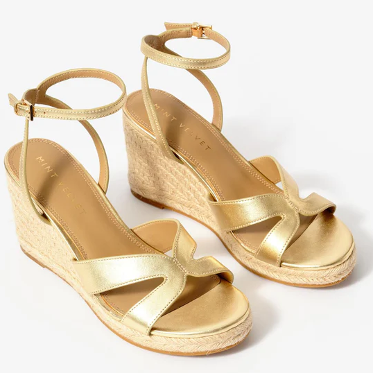 Mint Velvet, Gold Leather Espadrille Wedges