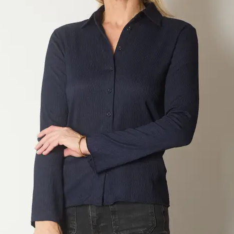 navy button up shirt