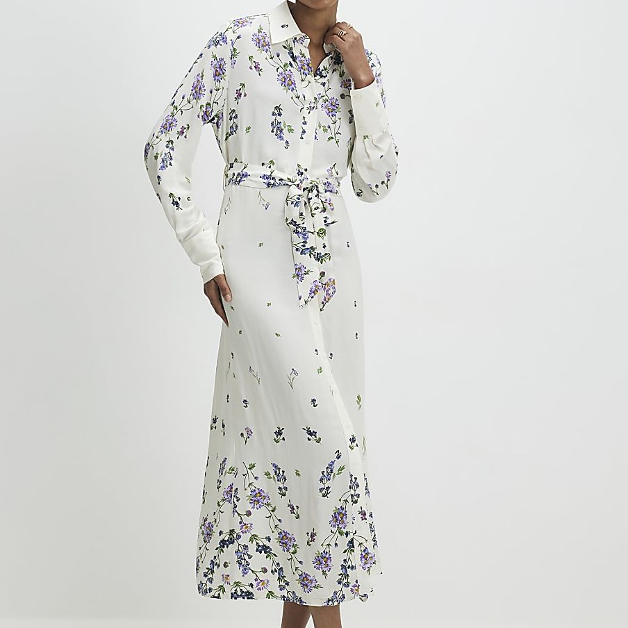 River Island, White Floral Midi Shirt Dress