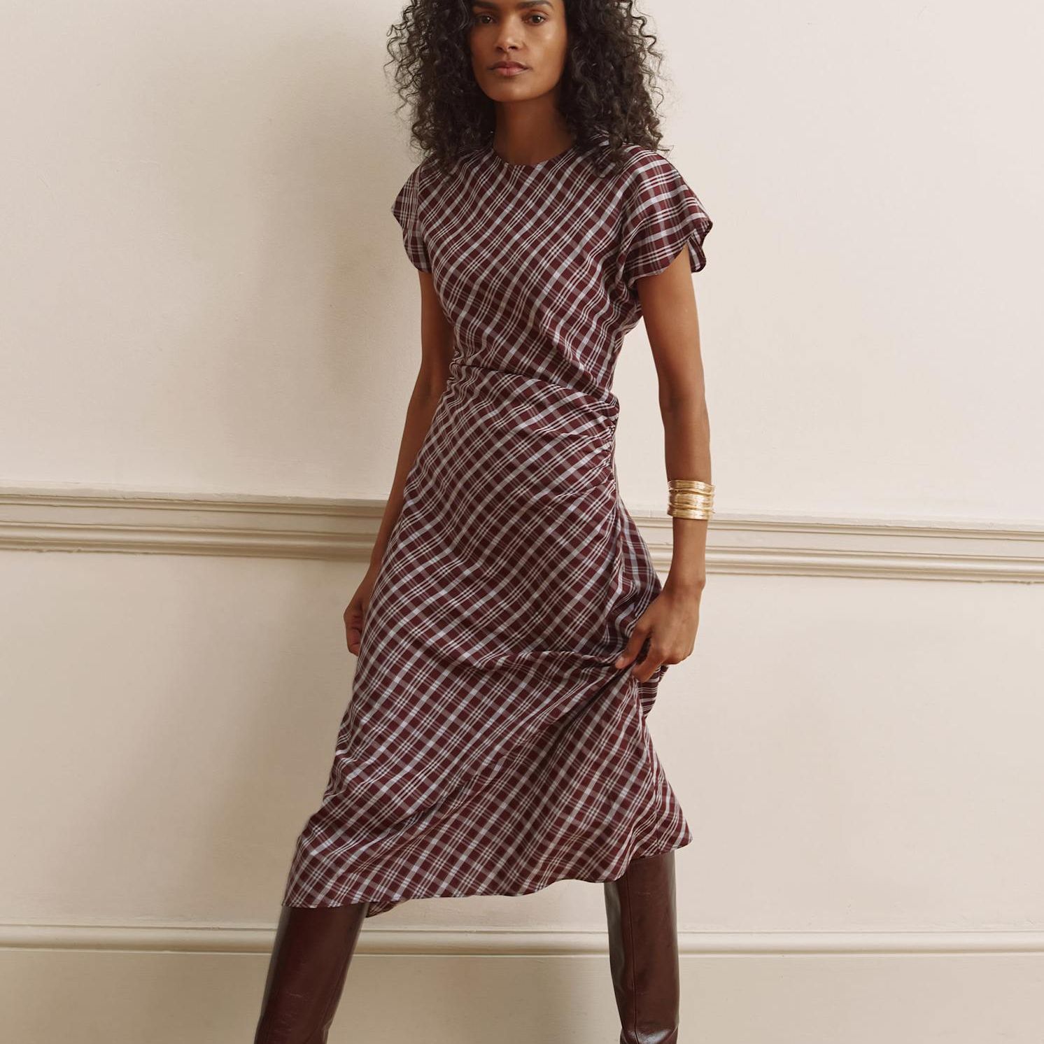 Burgundy Checked Ruched Midi Dress