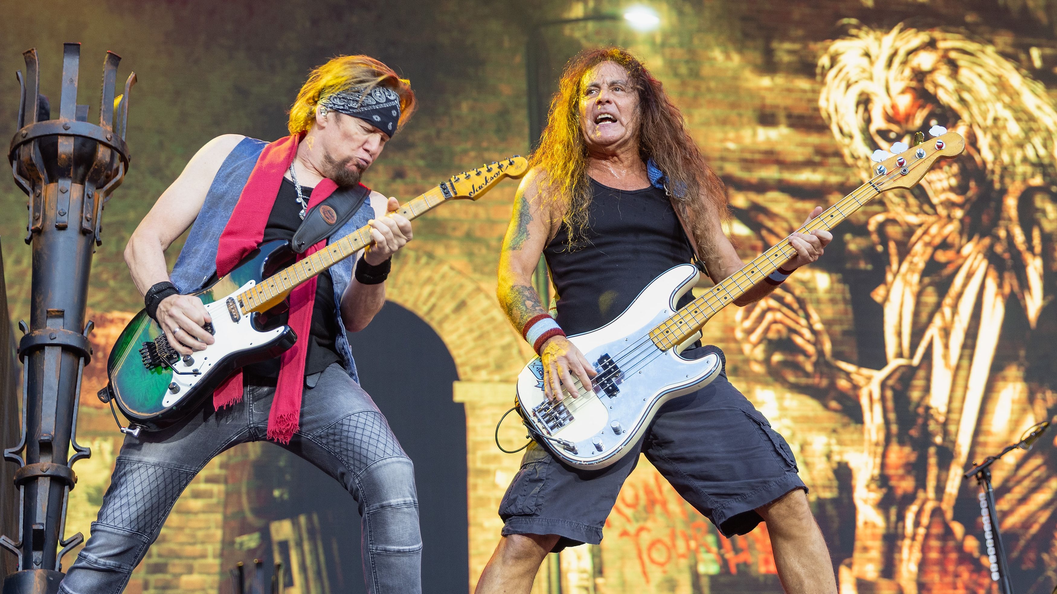 LONDON, ENGLAND - JUNE 28: (EDITORIAL USE ONLY) Adrian Smith and Steve Harris of Iron Maiden perform at London Stadium on June 28, 2025 in London, England. (Photo by Jo Hale/Redferns)
