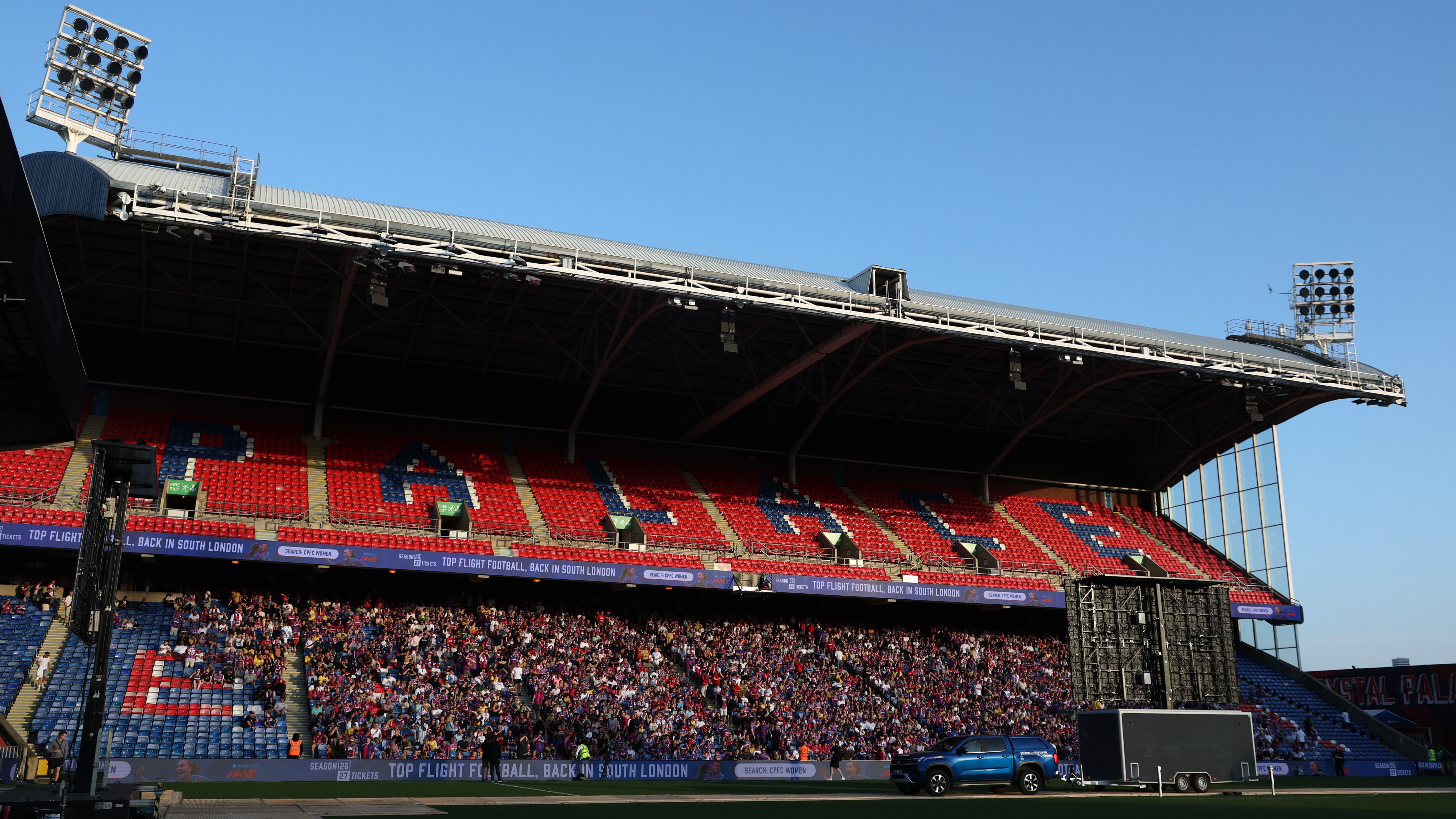 LONDON, ENGLAND - MAY 27: General view inside the stadium as Crystal Palace Fans prepare to watch the UEFA Conference League Final 2026 against Rayo Vallecano de Madrid at Selhurst Park on May 27, 2026 in London, England. (Photo by Andrew Redington/Getty Images)