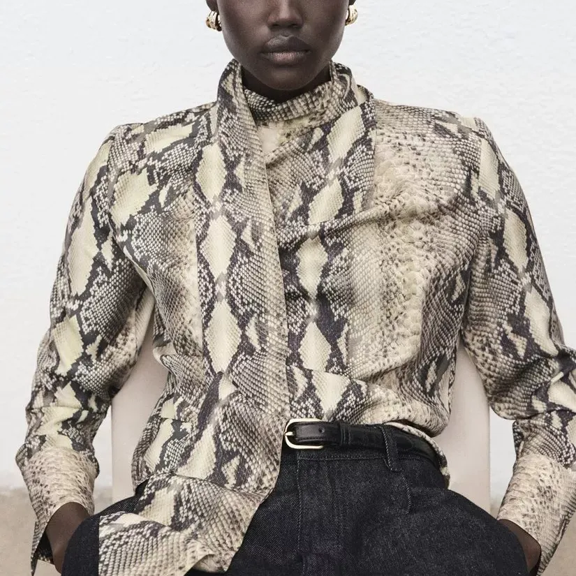 Mango Snake Print Tie Neck Top, Brown