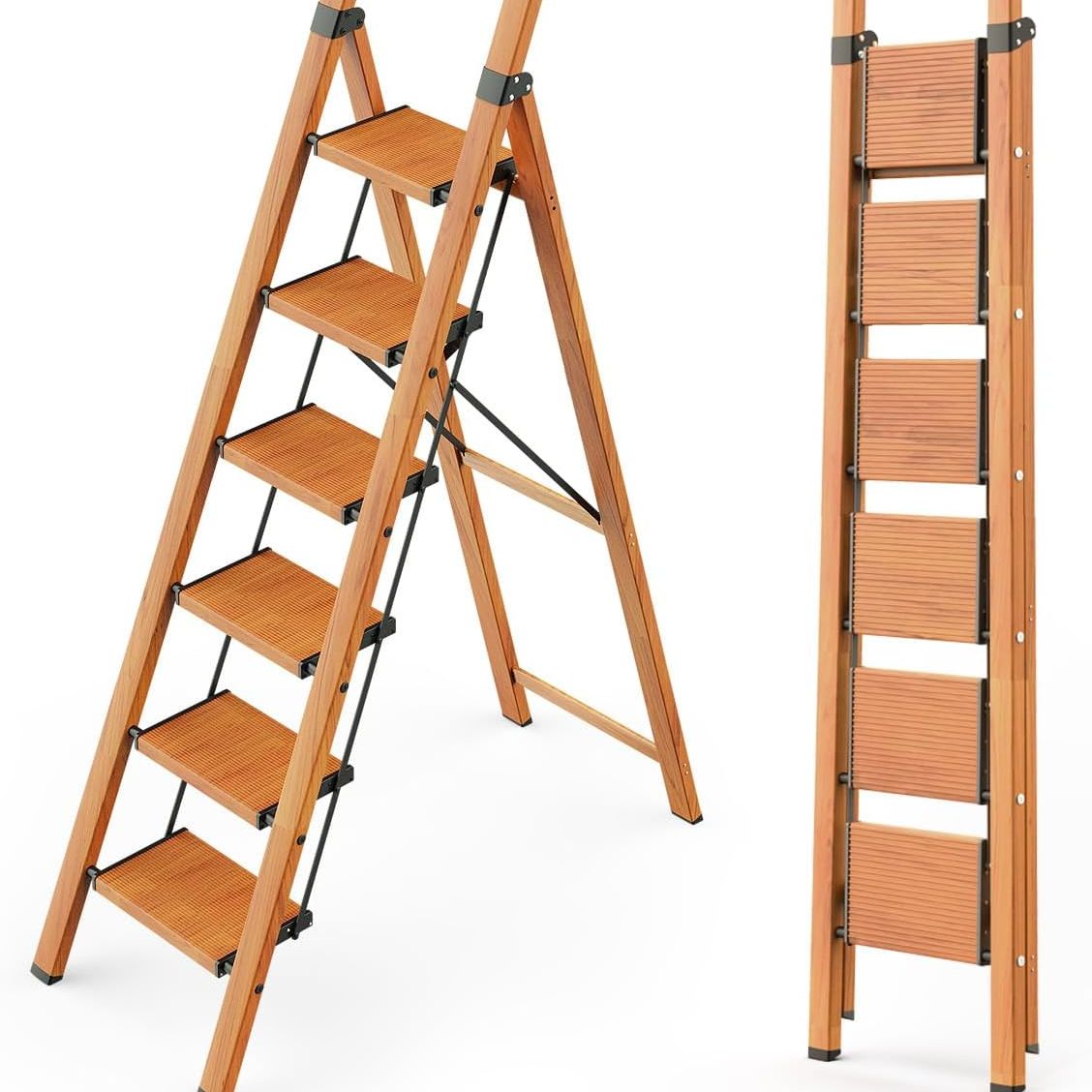 Woa Woa 6 Step Ladder, Folding Ladder With Handrails for High Ceilings, Indoor Tall Ladders With Wide Pedals, Lightweight Aluminum Stepladder for Home 300lbs - Wood Grain