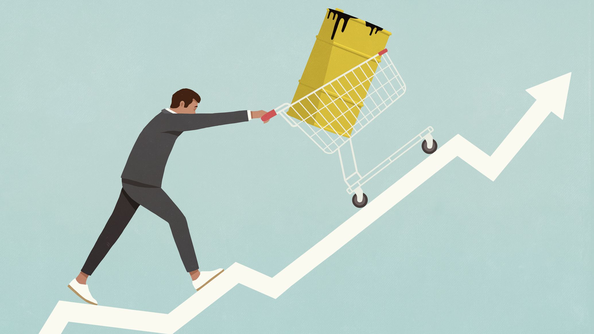 Businessman pushing oil barrel in shopping cart up line graph arrow
