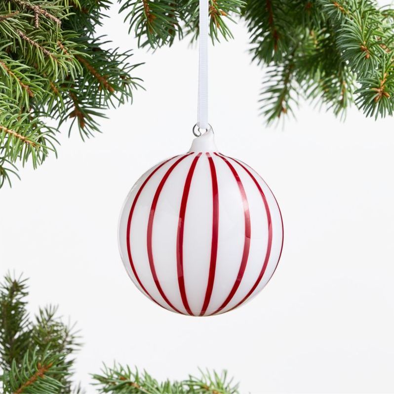 Red and White Wide Striped Glass Ball Christmas Tree Ornament