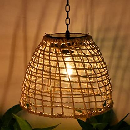 Outdoor Solar Hanging Lantern, Natural Seaweed Rattan Bamboo Hand-Woven Pendent Chandelier Light Edison Bulb Design Outdoor Decoration for Garden Patio Hallway Gazebo