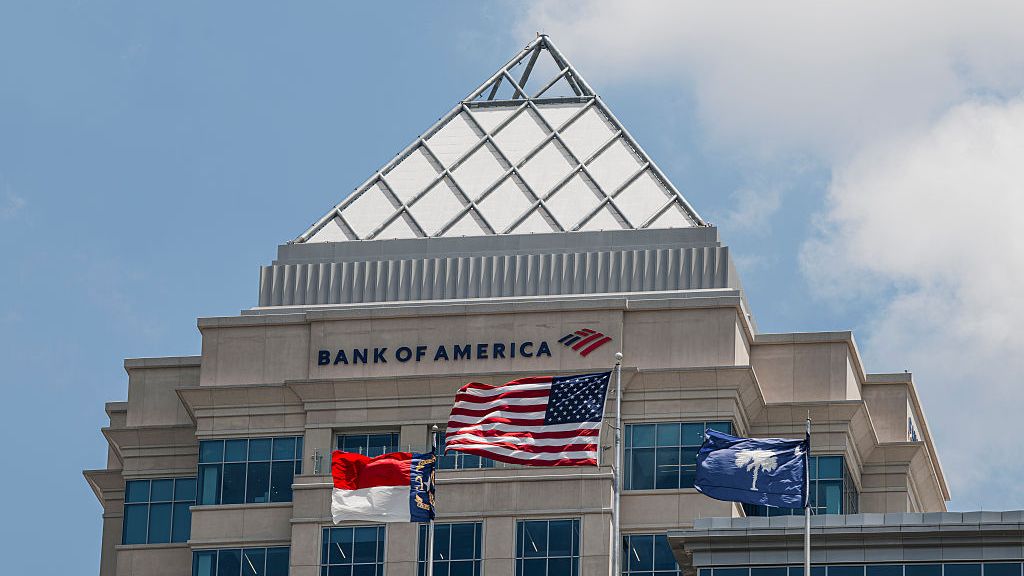 The Bank of America Tower at Legacy Union as the USA flag waves in the foreground, flanked by the flag of North Carolina (L) and the flag of South Carolina (R).