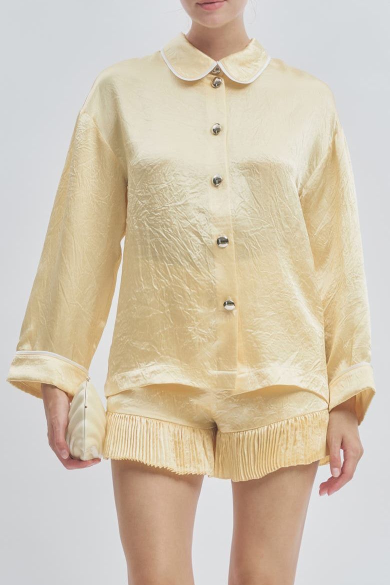 Porter Crinkle Satin Button-Up Top