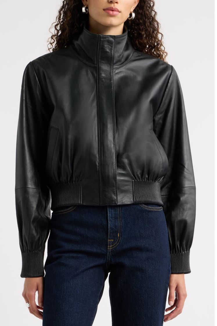 Funnel Neck Leather Bomber Jacket